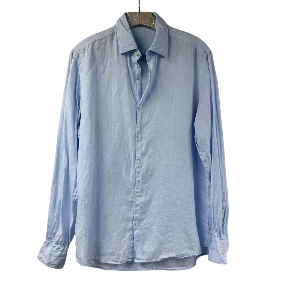 Massimo Dutti 100% Linen Long Sleeve Shirt XL Baby Blue